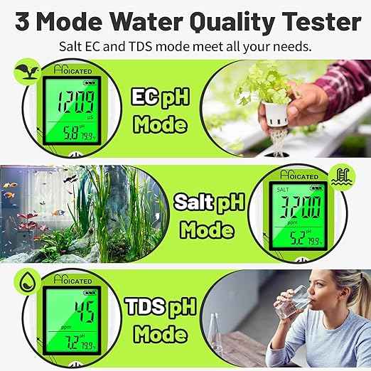 Salt Tester pH Meter for Aquarium Fish Tank Koi Pond Simultaneous Screen Salinity Meter for Saltwater Pool Hot Tub EC Tester for Hydroponics TDS Meter for Drinking Water