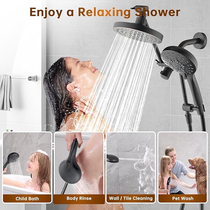 BRIGHT SHOWERS Rain Shower Head with Handheld Spray Built-in Power Wash, High Pressure Dual Shower Head with Height Adjustable Extension Arm, 3-Way Diverter, 9 Settings Handheld, 69” Long Hose, ORB