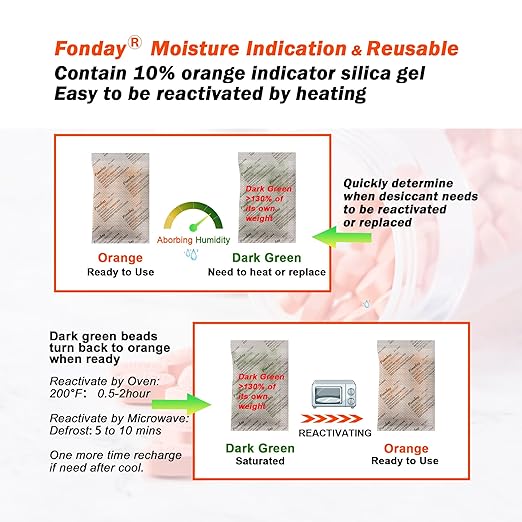 10Gram [30 Packets] Fonday Rechargeable Silica Gel Desiccant Packets Fast Reactivate Desiccant Bags Moisture Indicating Orange to Green
