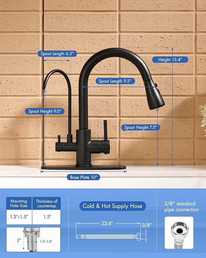 CENOSA 3 in 1 Black Kitchen Faucet with Sprayer Two Handle Kitchen Sink Faucet with Under Sink Water Filter System Reduces PFAS, PFOA/PFOS, Lead, Chlorine, Bad Taste & Odor