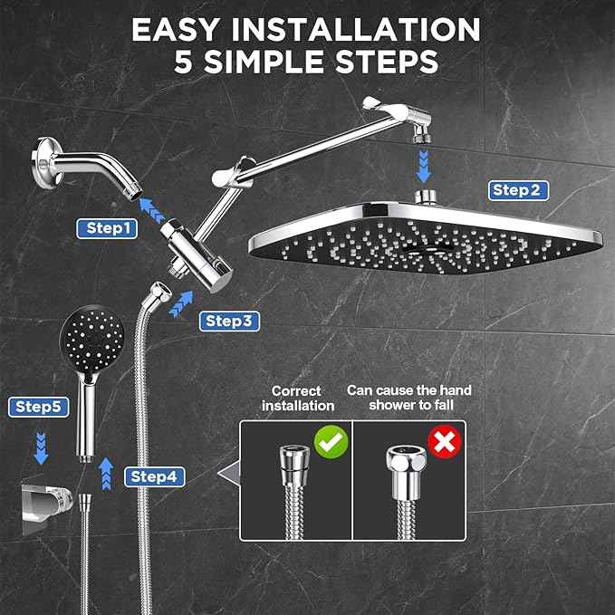 Veken 14" Wide Rain Shower Head with Handheld, High Pressure Handheld Shower Heads with Multi Spray Modes, Rainfall Combo with Metal Extension Arm,Detachable Dual Shower, Extra Long Hose,Silver Chrome