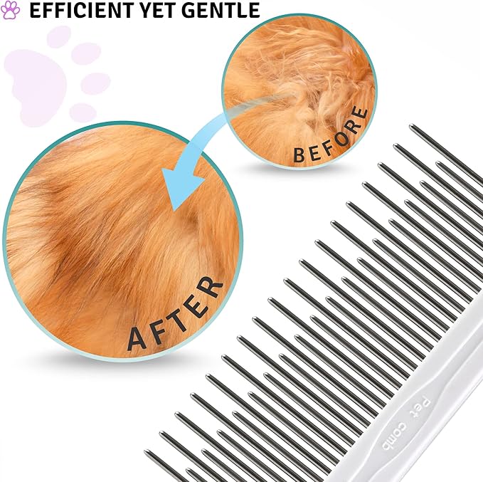 Poodle Pet Detangling Pet Comb with Long & Short Stainless Steel Teeth for Removing Matted Fur, Knots & Tangles – Detangler Tool Accessories for Safe & Gentle DIY Dog & Cat Grooming - AquaVibe