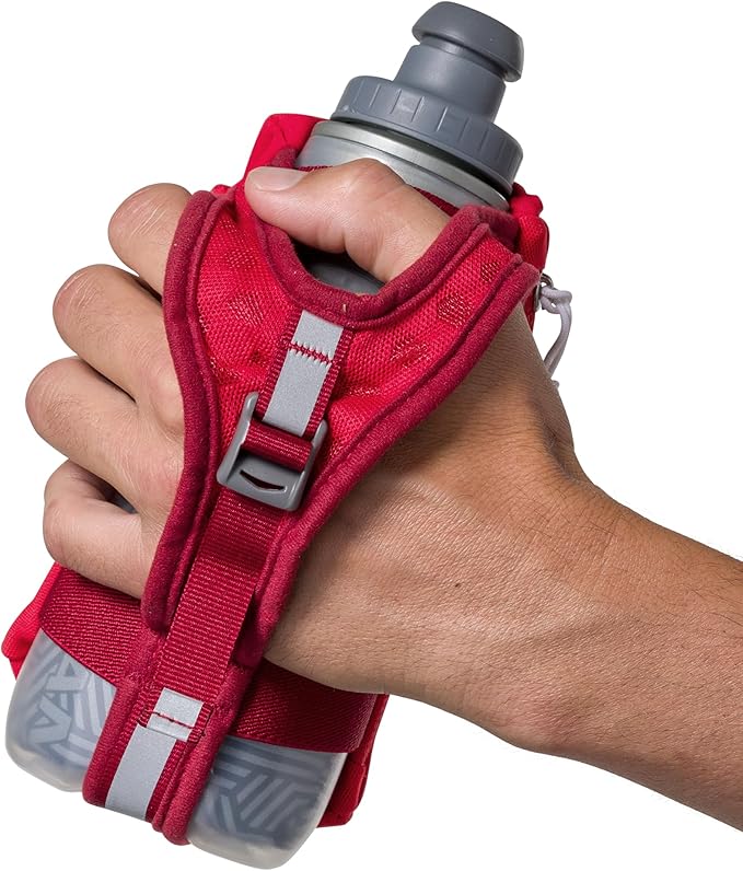 Nathan SpeedDraw 2 Insulated Handheld Running Water Bottle Flask – Double-Wall Insulation, Ergonomic Grip, Blast Valve Cap, Phone & Key Storage Pockets, Reflective Design - 12oz Insulated - Ribbon Red