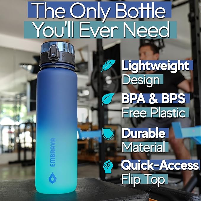 Embrava Sports Water Bottle 32oz - Fast Flow Flip Top Lid - BPA & BPS Free Leakproof Reusable - Lightweight Non-Toxic Tritan Plastic 1 Liter - Gym Hiking Office School Travel