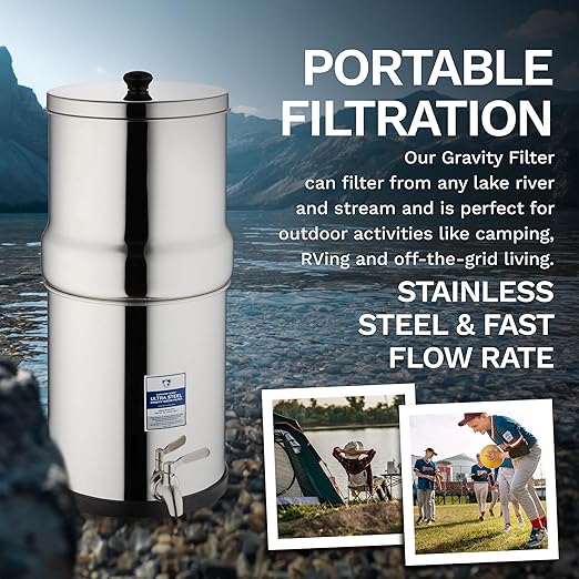 Survivor Filter Ultra Gravity Water Filter System - Stainless Steel Countertop Gravity Fed Water Filter with Stand, 2.25 Gallon, for Home and Outdoors - Removes Bacteria, Viruses, and Parasites