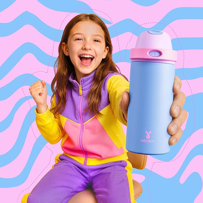 18 oz Insulated Water Bottle for Sports: Meoky Kids Water Bottle with 2-in-1 Straw and Spout Lid - Leak Proof, Cold for 24 Hours, Fits in Car Cup Holder for Girls School Travel, Hydrangea