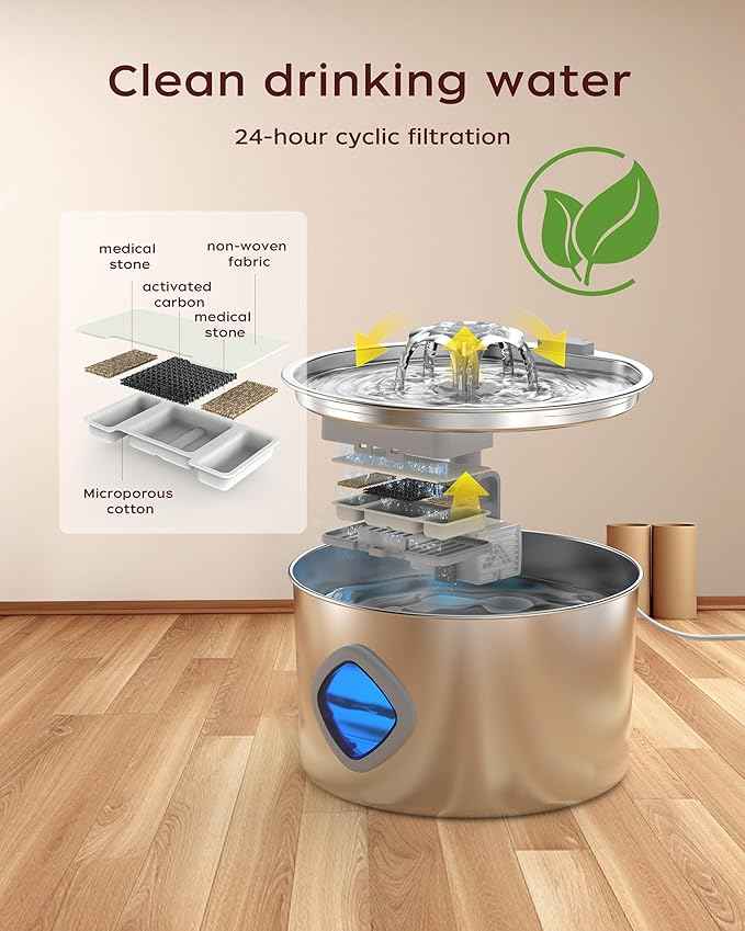 Cat Water Fountain Stainless Steel - 108oz/3.2L Pet Gift Dog Water Dispenser Automatic Silent Cats Dispenser for Drinking Indoor Metal Kitty Spout Fountains with 2 Filters and 2 Sponges