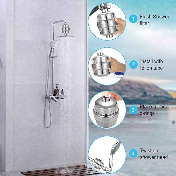 Shower Filter for Hard Water, Built in Replaceable 15 Stage Shower Head Filter Cartridge Universal Transform Itching Eczema & Acne into Glowing Hair Nails & Skin Fast- Chrome