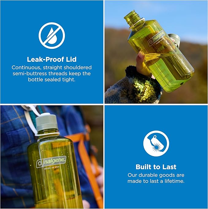 Nalgene 32 oz Narrow Mouth Water Bottle | BPA-Free, Durable & Leak Proof, Lightweight for Gym & Office – Thrill & Motion, Endive w/Oil Green