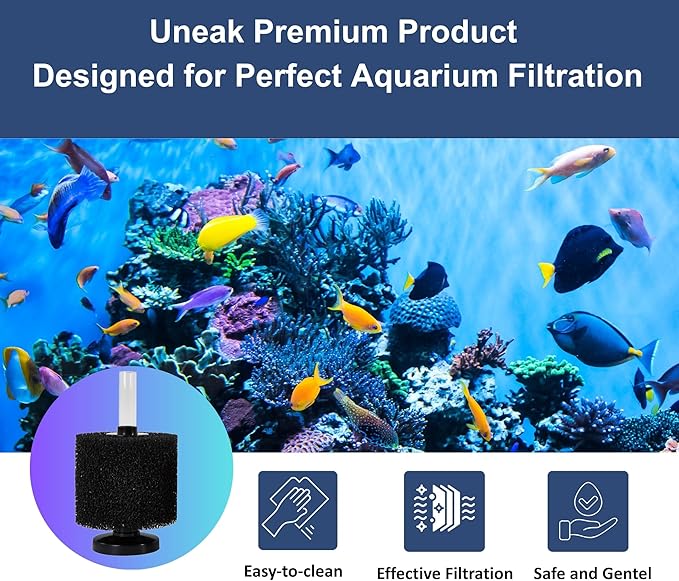 UNEAK Small Aquarium Sponge Filter Fish Tank Silent Filteration Breeding Fry Betta Shrimp Nano Tank Accessories Air Stone 4-inch Airline Tubing up to 10 Gallon