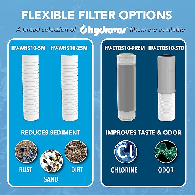 HYDROVOS 10-Inch Whole House Water Filter System, NSF Certified Reduces Sediment, Features 3/4” Stainless Steel Ports, Built-in Pressure Relief and Bypass Valve, One 10" x 2.5" Filter Included