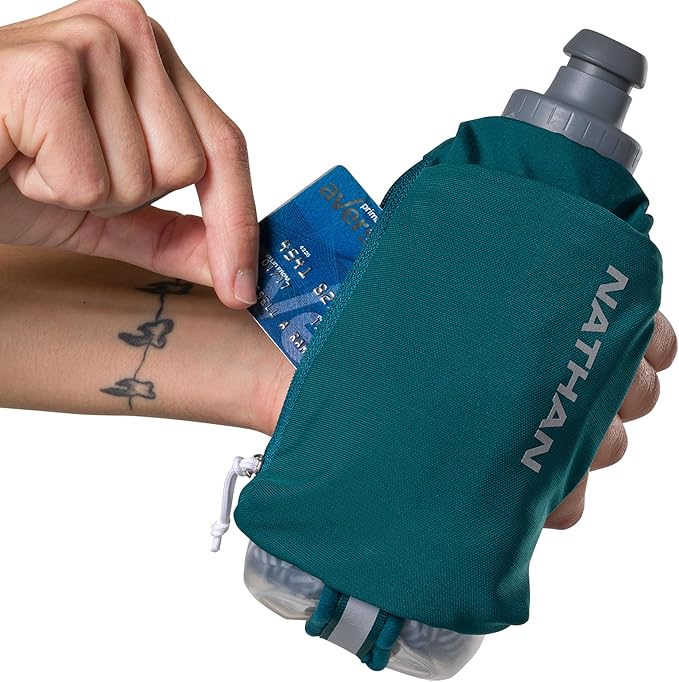 Nathan SpeedDraw 2 Insulated Handheld Running Water Bottle Flask 18oz – Double-Wall Insulation, Ergonomic Grip, Blast Valve Cap, Phone & Key Storage Pockets, Reflective Design