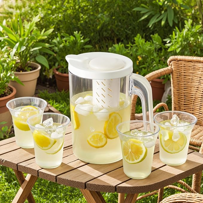 Plastic Pitcher With Lid and 4 Cups, 62oz, Clear Water Pitcher with Lid, Fridge Jug, BPA Free, Great for Iced Tea, Sangria, Lemonade, Juice, Milk, and More