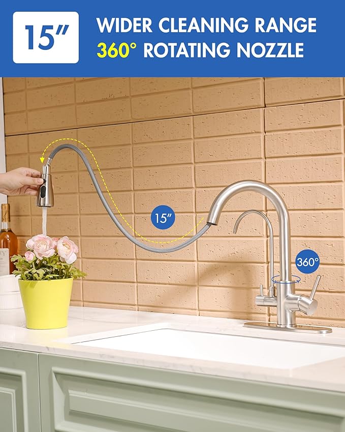 CENOSA 3 in 1 Bruched Nickel Kitchen Faucet with Sprayer Two Handle Kitchen Sink Faucet with Under Sink Water Filter System Reduces PFAS, PFOA/PFOS, Lead, Chlorine, Bad Taste & Odor