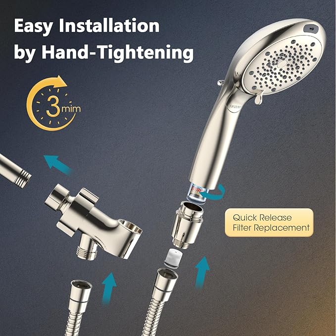 FASDUNT Filtered Shower Head with Handheld, 8-Mode Handheld Showerhead with Filters for Hard Water -Remove Chlorine, Built-in Power Wash, 80" Extra Long Stainless Steel Hose, Brushed Nickel