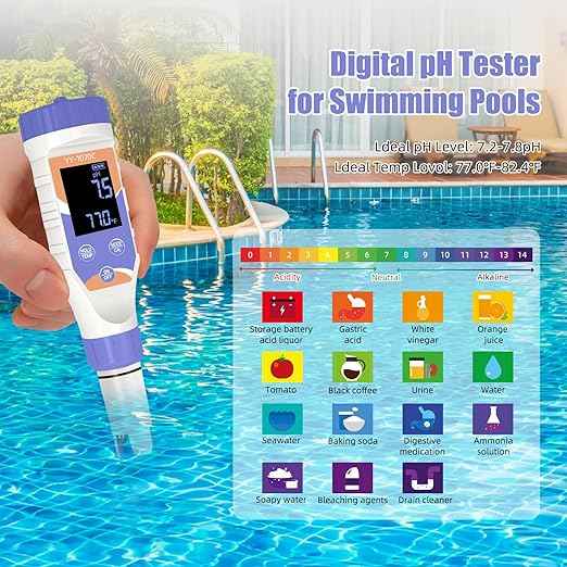 7-in-1 Digital Pool Water Tester–Chlorine, pH, Salt, ORP, EC, TDS&Temp Meter for Saltwater Pools,Hot Tubs,Spas, Aquariums&Hydroponics|Complete Digital Pool Chemical Tester for Safe & Healthy Swimming