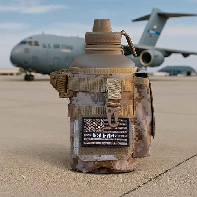 Iron Infidel Battle Bottle - Half Gallon Water Bottle Insulated, 64 oz Tactical Stainless Steel Water Jug with Handle - Gym Water Bottle with Rugged Sleeve for Storage (MARPAT 2 Liter)
