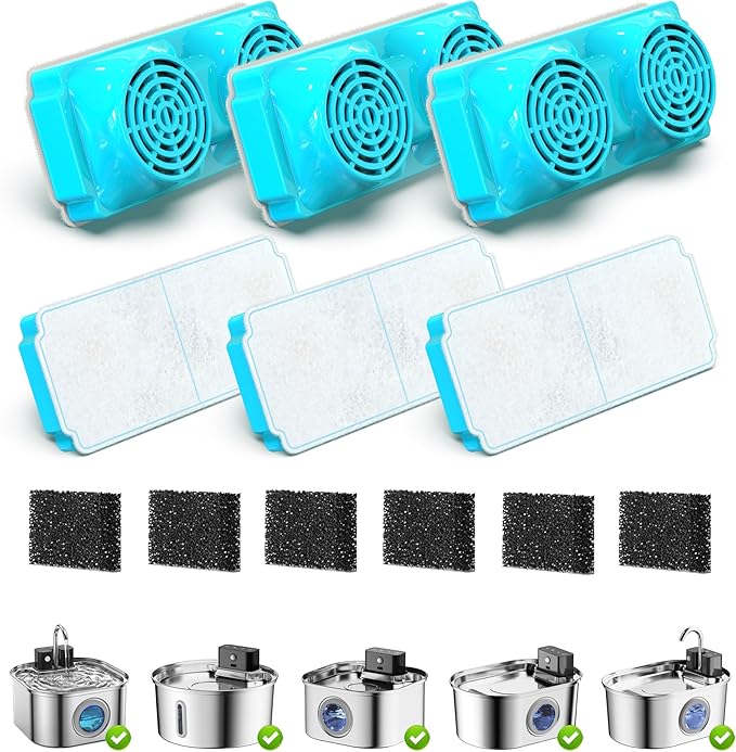 Cat Water Fountain Filter for 108oz/3.2L Wireless Cat Fountain,Replacement Filters for Stainless Steel Battery Operated Pet Fountain(6 Filters and 6 Sponges)