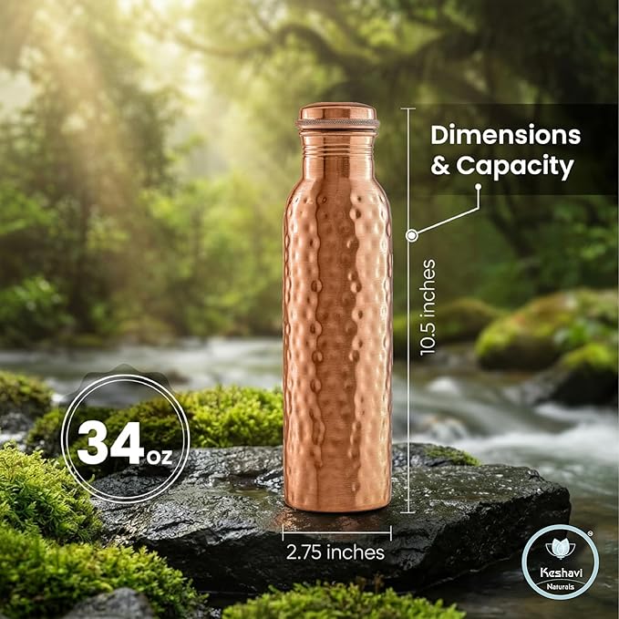 Keshavi Hammered Copper Water Bottle (34 Oz /1000ml)| Pure Copper Drinking Water Bottle - Ideal for Home, Office, Gym & School | Heavy‑Duty, Leak‑Proof Material
