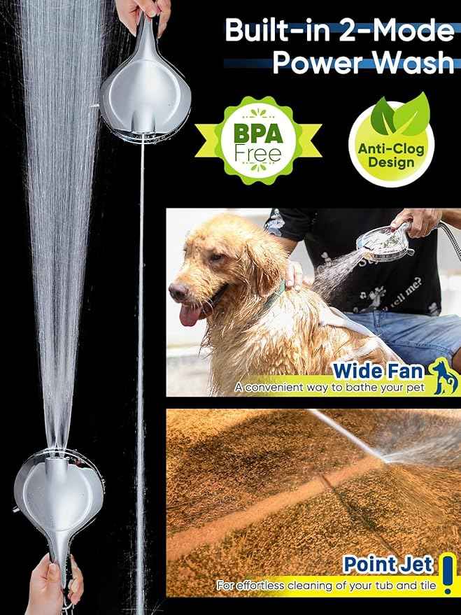 Pavezo® High Pressure Shower Head Handheld 5" Large, Extra Long 60" SS Hose 10-mode Portable Detachable Shower Head with Hard Water Filter for Bathroom, Anti-clog & Powerful to Clean Tile & Pets