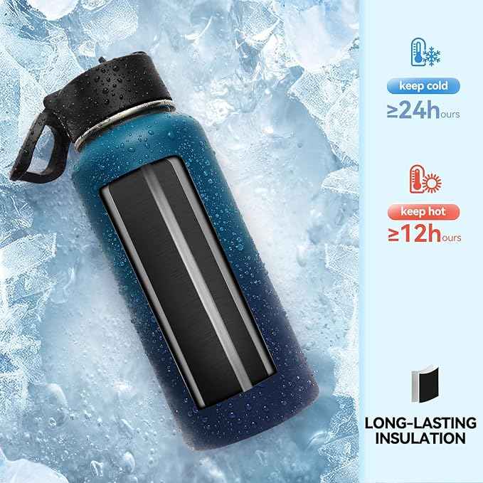 Neihepal 32 oz Insulated Water Bottles with 2 Lids (Straw & Spout Lid), 18/8 Stainless Steel Double Wall Water Bottle for Gym, Travel, Camping, Sports (Dark Night,2 Pack)