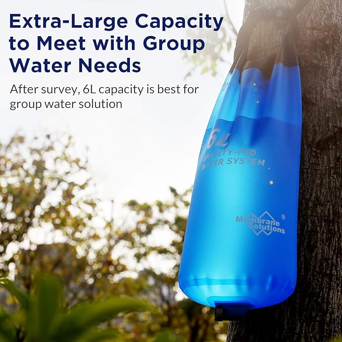 Membrane Solutions Upgrade 5 Stage Blue Water Filter Straw 6 Pack and Gravity Water Filter Pro 6L, 0.1-Micron Versatile Water Purifier Survival Gear and Equipment for Group Camping Emergency