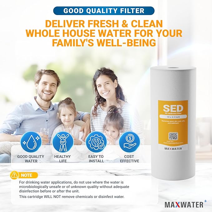 Max Water 5 Micron 10 x 4.5 inch Whole house Sediment Water Filter - Well Water Sediment Filter Replacement Cartridge for DGD-5005, AP810, WFHD13001B (4 Pack)