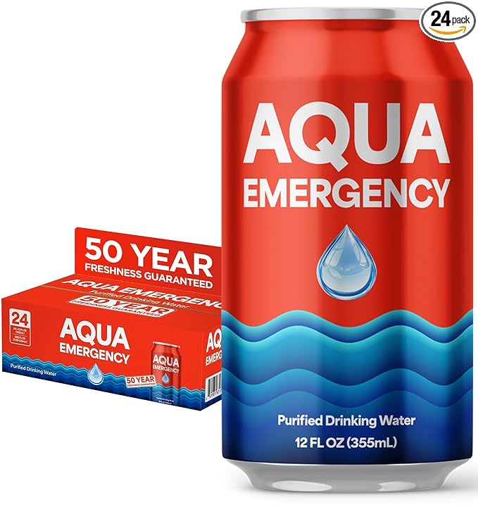 Aqua Emergency Water for Drinking, 50-Year Shelf-Life Emergency Preparedness Survival Water Supply 12oz (24 Pack)