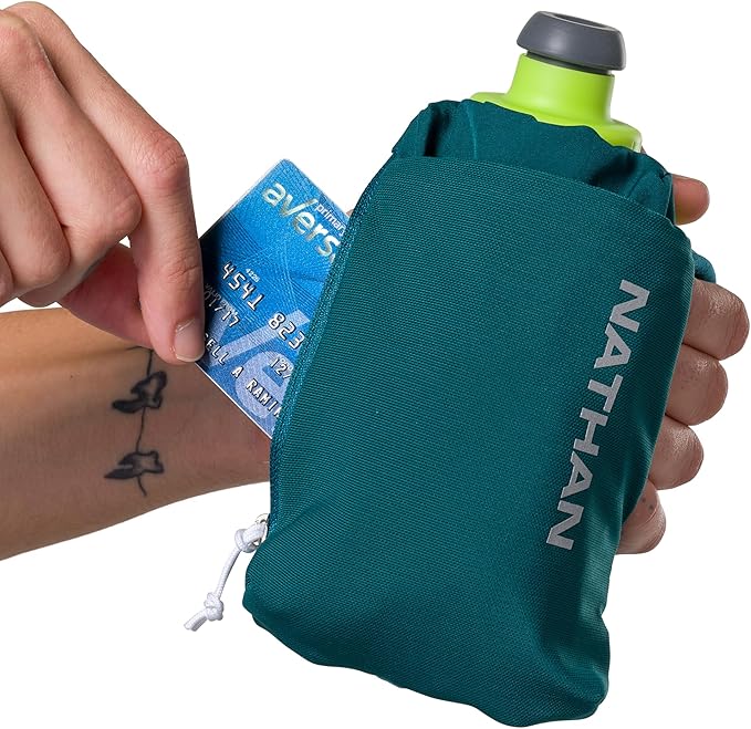 Nathan SpeedDraw 2 Insulated Handheld Running Water Bottle Flask 18oz – Double-Wall Insulation, Ergonomic Grip, Blast Valve Cap, Phone & Key Storage Pockets, Reflective Design
