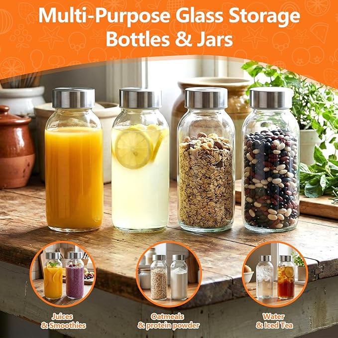 Luxfuel 8 oz Glass Water Bottles with Lids, 4 Pack Small Glass Juice Bottles with Stainless Steel Caps & Funnel, Leak-Proof Containers for Juicing, Milk, Ginger Shots, Smoothies, Wellness Drinks