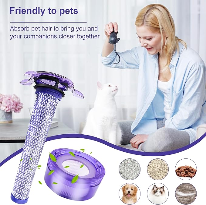 Upgraded V7 V8 Cordless Vacuum Cleaner Filter for Dyson V7 V8 Animal and V8 Absolute Cordless Vacuum, 4 Pre-Filters, 4 Post-Filters, 1 Brush, Compare to Part 965661-01 & 967478-01 - AquaVibe