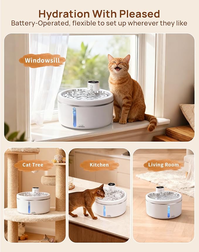 Wireless Cat Water Fountain with Stainless Steel Tray, 84oz/2.5L Pet Water Fountain for Cats Inside, Cat Fountain for Drinking with Motion Sensor, Ultra Quiet Pump for Pets& Small Animals (2Filters)