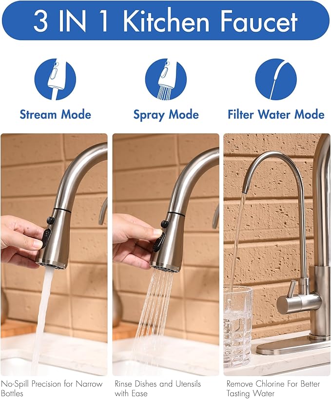CENOSA 3 in 1 Bruched Nickel Kitchen Faucet with Sprayer Two Handle Kitchen Sink Faucet with Under Sink Water Filter System Reduces PFAS, PFOA/PFOS, Lead, Chlorine, Bad Taste & Odor