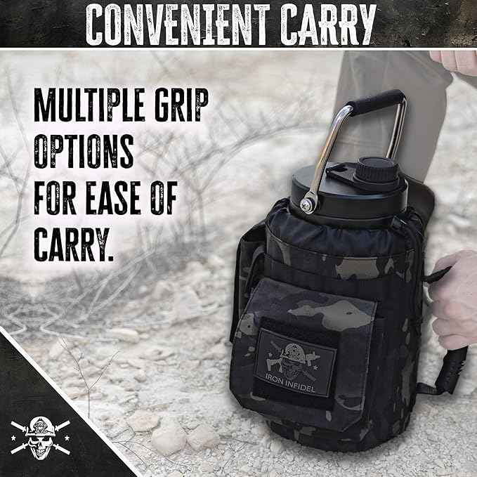 Iron Infidel Battle Bottle - One Gallon Insulated Water Bottle with Dual Carry Handles - 128 oz Tactical Stainless Steel Water Jug & Rugged Extra Large Sleeve with Storage (Black Camo 128 Ounces)