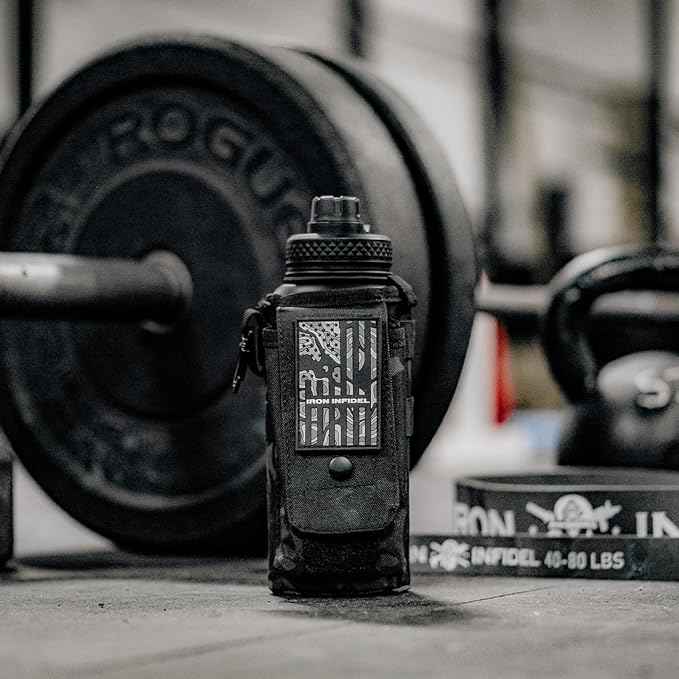 Iron Infidel Battle Bottle - 32 Oz Insulated Water Bottle with Straw Lid & Chug Cap, Stainless Steel Metal Tactical Flask With Rugged, Removable Sleeve for Keys & Phone or Wallet (Black Camo 1 Liter)