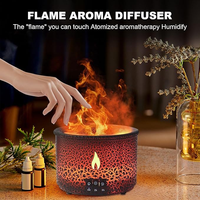 Volcano Humidifier Quiet Flame Diffuser: 300ml Spray Humidifier with 2 Modes Fire Mist Waterless Auto Shut Off Aromatherapy Diffuser with Remote Control for Bedroom Home, Office(Red & Blue)