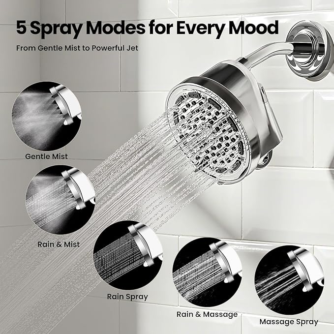 JOMOO 6 inch Rain Shower Head with Filter, High Pressure 5-Spray Mode Fixed Showerhead with Replaceable Filter Cartridge for Hard Water Remove Chlorine, Water Saving Bathroom Rainfall Shower Head