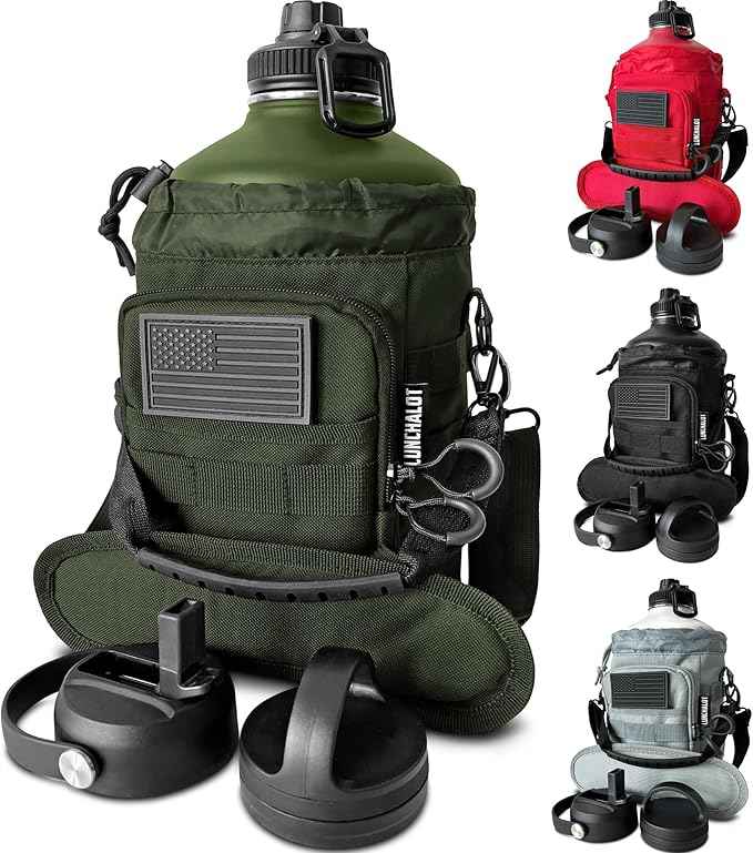 1 Gallon Water Jug - Insulated Stainless Steel Water Bottle with Carry Bag & Straw Lids - 128 Oz Large Capacity, Keep Cold & Hot, Green Tactical Design