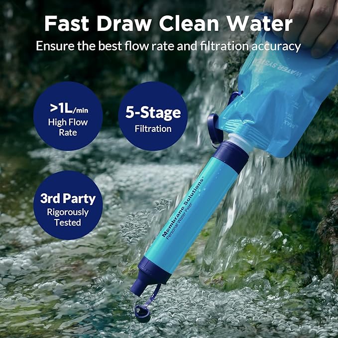 Membrane Solutions Squeeze Water Filtration System, Survival Water Purifier Kit, Portable Backpacking Gear for Hiking Camping Travel, 4+6 Piece Set