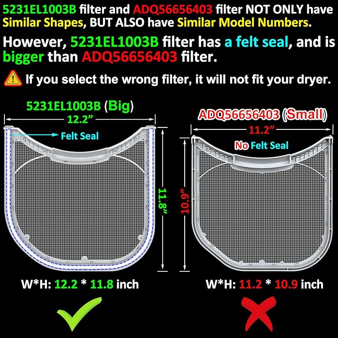 5231EL1003B Lint Filter Replacement for LG & Kenmore Dryers, Ultra Durable Dryer Lint Screen Trap with Felt Seal, Compatible with Part Number AP4440606 PS3527578 - AquaVibe