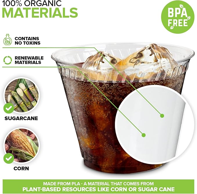 Stock Your Home 9 oz Premium Commercially Compostable Cold Cups 1000 Pack, Eco Friendly Disposable Cups for Water Wine Beer Samples