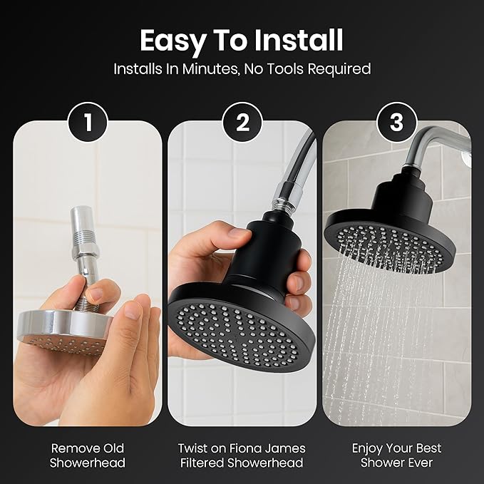 Fiona James Filtered ShowerHead | Filtered Showerhead - Removes 99% Chlorine & Heavy Metals, Improves Hair & Skin, Easy Install, Includes 20-Stage Filter (Black)