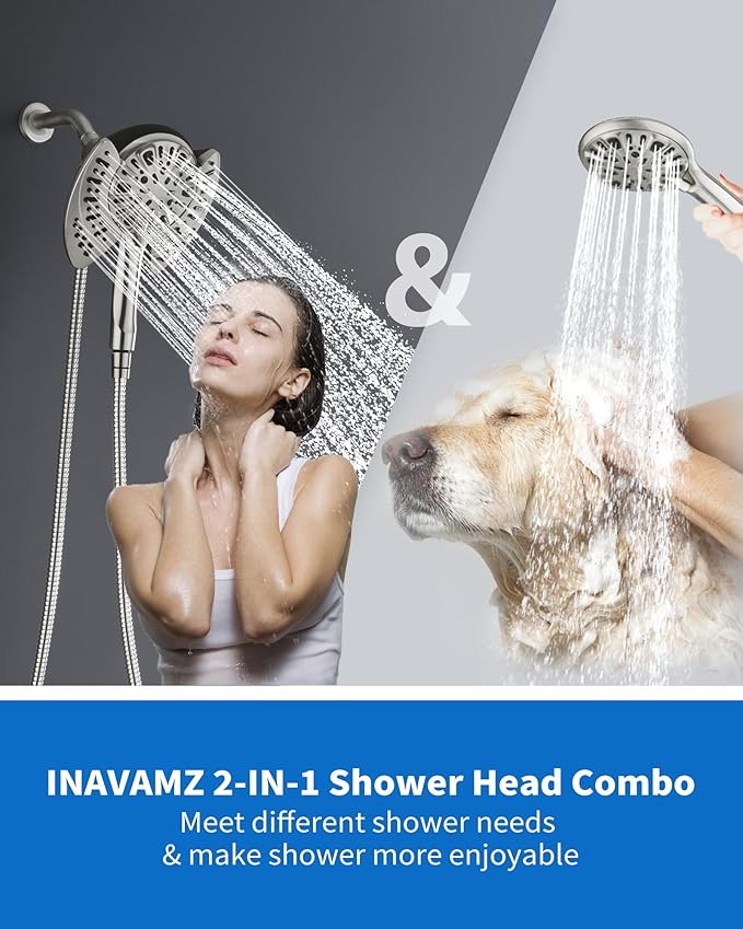 2-in-1 Shower Head with Handheld Combo: 2.5GPM Rainfall Shower Head & Detachable Shower Head Use Together or Alone, 9 Spray Settings Hand Held Showerhead with Hose, Nickel