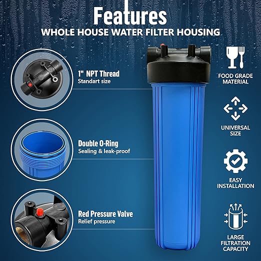 High Capacity 20 x 4.5” Whole House Filter Purifier System for Well or City Water, Presser Relief Button, 1” NPT Brass Port, Double O-Ring, Meets NSF Standards & Regulations (Blue, 4 Sets)