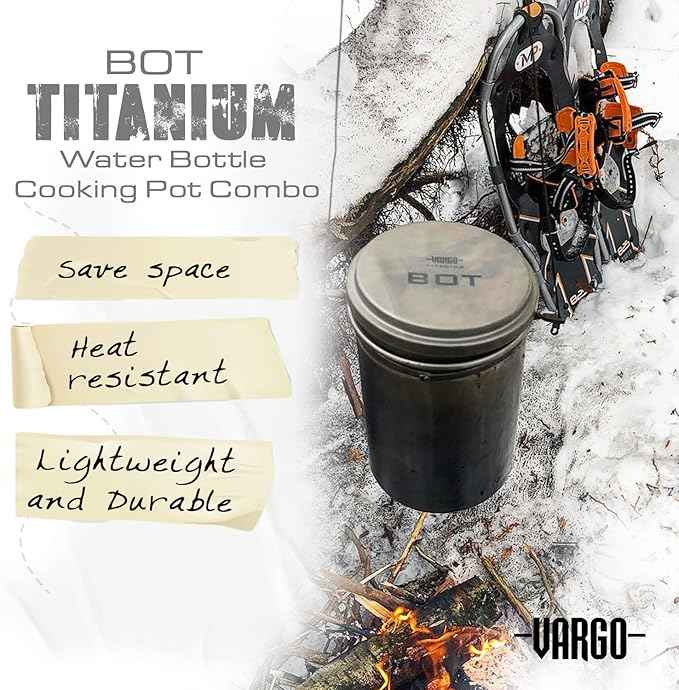 Vargo Titanium BOT Series | 1 Liter (34 oz.) Ultralight Water Bottle Cooking Pot Weighs 147 grams (5.2 oz.) | Backpacking Camping Multipurpose
