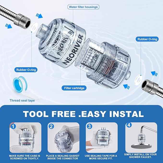 Shower Filter, Improves Skin and Hair Texture, Softens Hard Water, 15 Layers Filter to Reduce Chemicals, Removes Chlorine and Harmful Substances