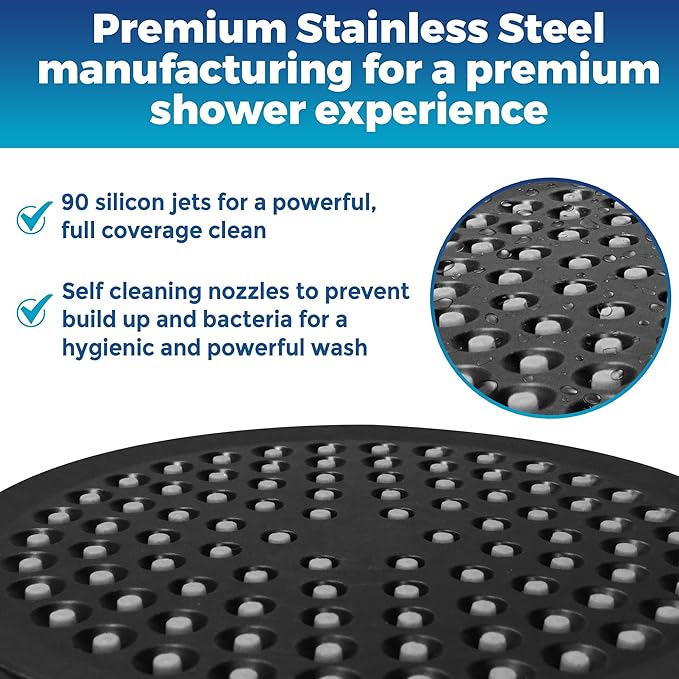 High Pressure Shower Head - Anti-Clogging Silicone Nozzles - 2.5 GPM Removable Restrictor - Easy to Clean Adjustable Replacement - easy to install with Plumbers Tape - 6 inch - Matte Black Finish - AquaVibe