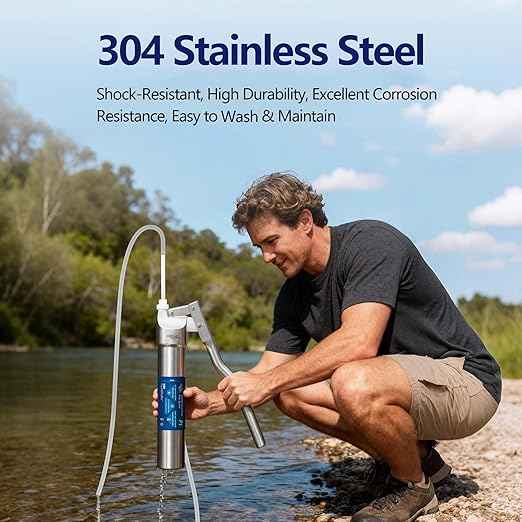 Membrane Solutions Portable Stainless Steel UF Water Filter P1, 0.01-Micron high Precision Detachable Hand Pump Filter System, Survival Gear for Hiking, Camping, Travel, and Emergency Preparedness