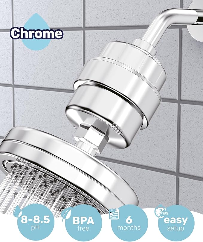 Wamery Shower Head Filter for Hard Water - Alkaline Multi‑Stage Inline Filter, Helps Reduce Chlorine & Odors, Universal 1/2‑Inch Fit, Easy Install, Extra Cartridge Included, Chrome