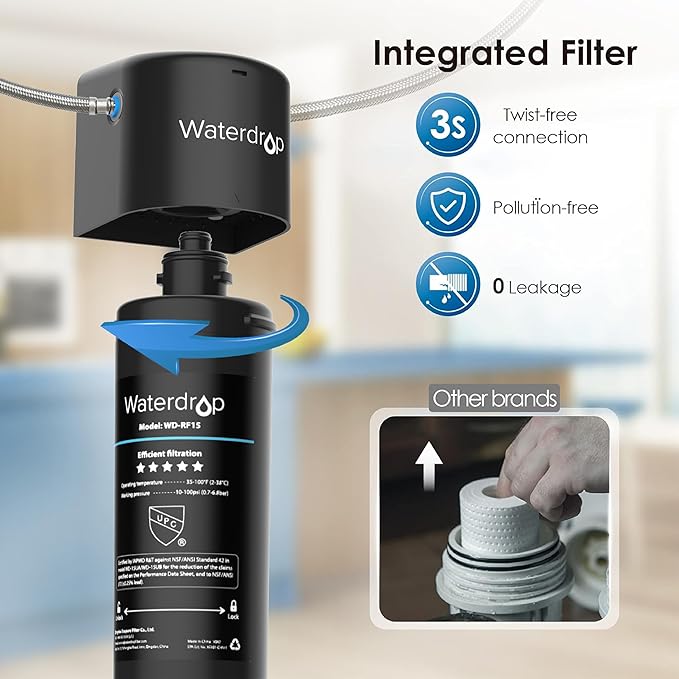 Waterdrop 15UA Under Sink Water Filter System, Under Counter Water Filter Direct Connect to Kitchen Faucet, and Waterdrop Spin Down Sediment Filter, Reusable Whole House Water Filter System 50 Micron